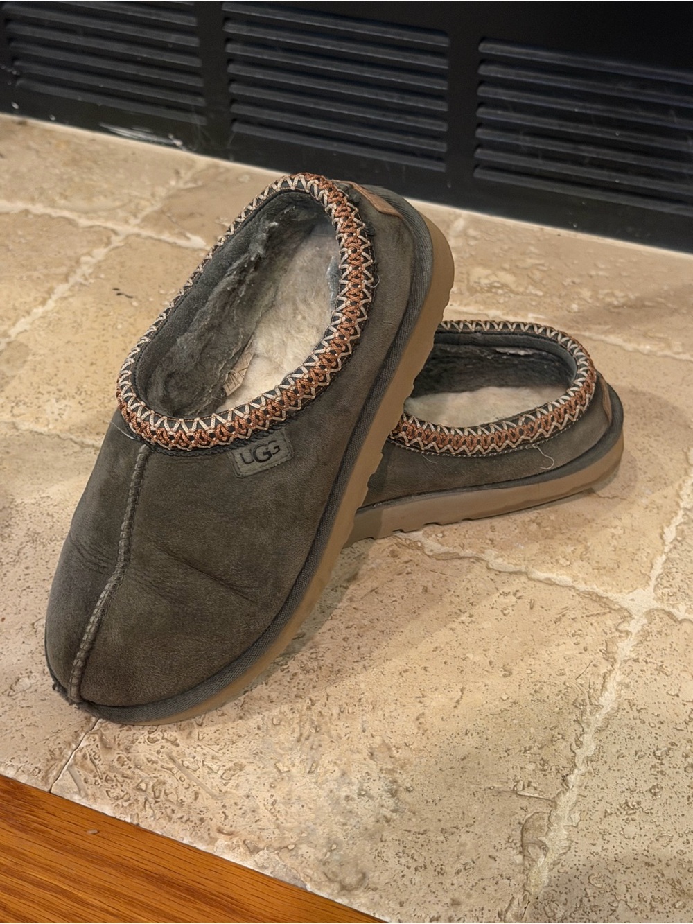 UGG Women's green  Suede Shearling Clog Slippers with Woven Trim